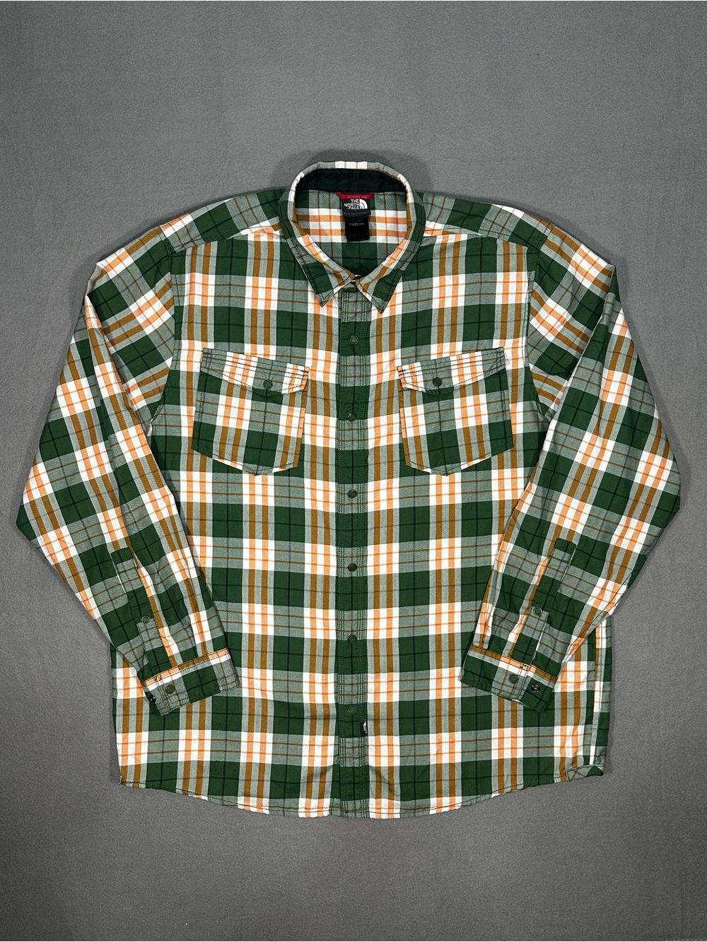 The North Face Men’s XL Plaid Long Sleeve Snap Shirt Green Orange Hiking